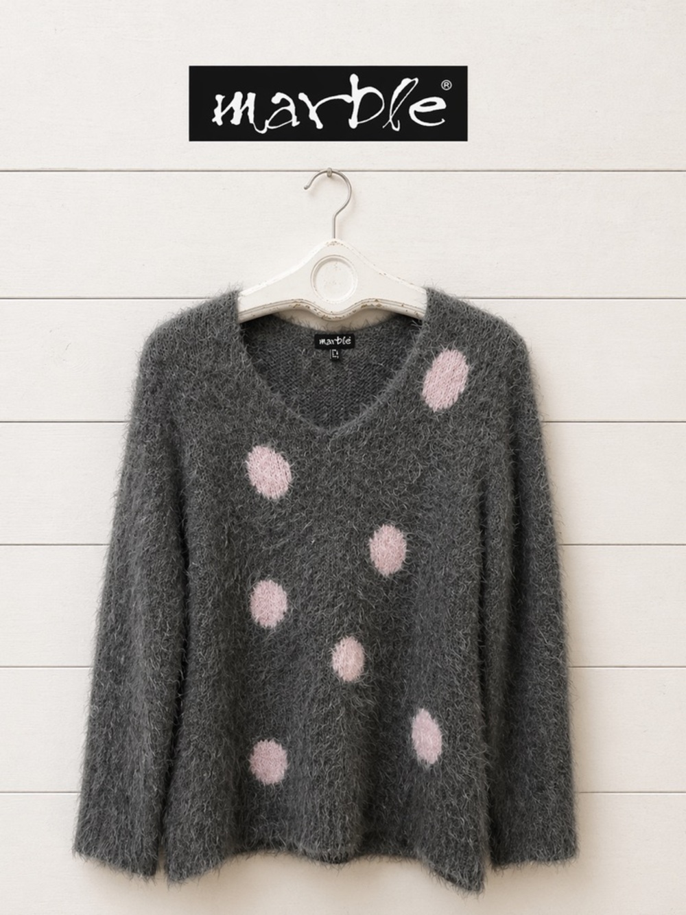 MARBLE – Grey Fuzzy Polka Dot Sweater (Size 12 )